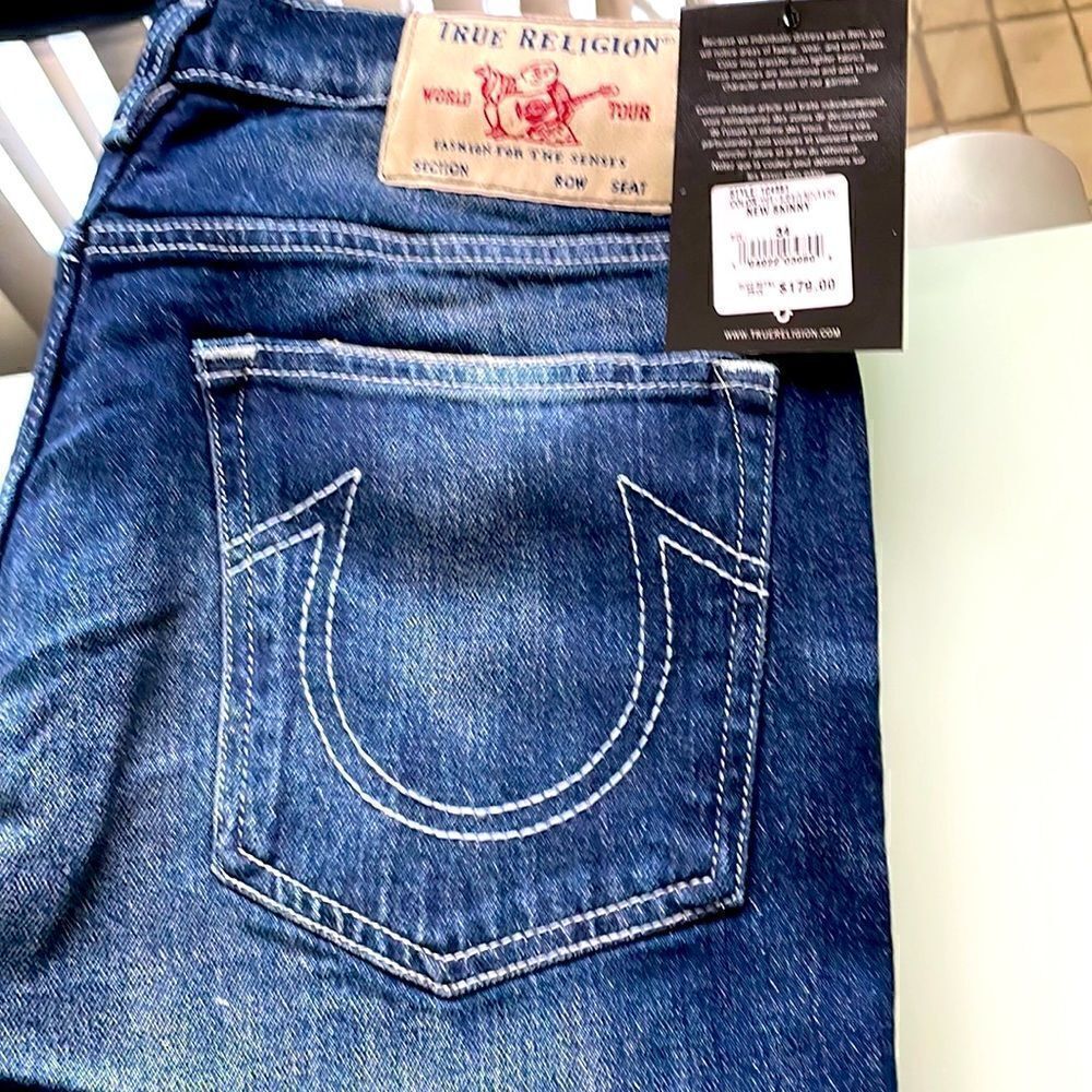 True Religion NWT jeans 34 new skinny dark blue wash distressed faded by design
